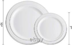 600 Piece Silver Dinnerware Set -100 Silver Rim 10 inch Plastic Plates 100 Si