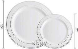 600 Piece Silver Dinnerware Set -100 Silver Rim 10 inch Plastic Plates 100 Si