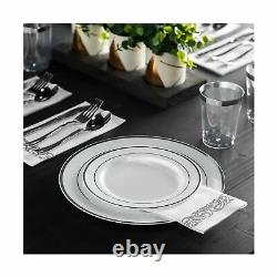 600 Piece Silver Dinnerware Set -100 Silver Rim 10 inch Plastic Plates 100 Si