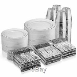 600 Piece Silver Dinnerware Set -100 Silver Rim 10 inch Plastic Plates 100 Silve