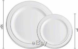 600 Piece Silver Dinnerware Set -100 Silver Rim 10 inch Plastic Plates 100 Silve