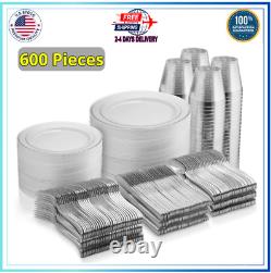 600Piece Silver Dinnerware Set 100 Silver Rim 10 in Plastic Plate 100 Silver Rim