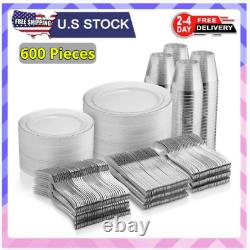 600Piece Silver Dinnerware Set 100 Silver Rim 10 in Plastic Plate 100 Silver Rim