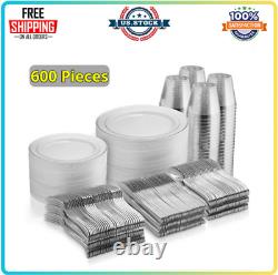 600Piece Silver Dinnerware Set 100 Silver Rim 10 in Plastic Plate 100 Silver Rim