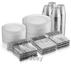 600Piece Silver Dinnerware Set 100 Silver Rim 10 in Plastic Plate 100 Silver Rim