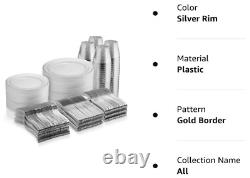 600Piece Silver Dinnerware Set 100 Silver Rim 10 in Plastic Plate 100 Silver Rim