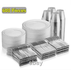 600Piece Silver Dinnerware Set 100 Silver Rim 10 in Plastic Plate 100 Silver Rim