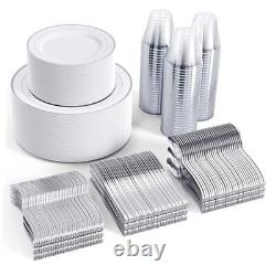 600pcs Dinnerware Set for Rim Plastic Plates Disposable, 100 100 Guests Silver