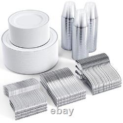 600pcs Dinnerware Set for Rim Plastic Plates Disposable, 100 100 Guests Silver