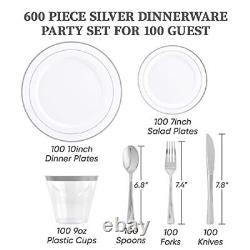 600pcs Dinnerware Set for Rim Plastic Plates Disposable, 100 100 Guests Silver