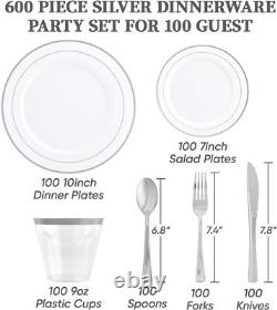 600pcs Silver Dinnerware Set for 100 Guests Rim Plastic Plates Disposable New