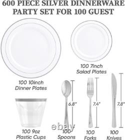 600pcs Silver Dinnerware Set for 100 Guests Silver Rim Plastic Plates Disposable