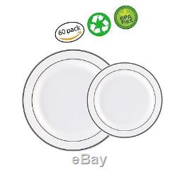 60PCS Heavyweight White with Silver Rim Wedding Party Plastic Plates, China Pl