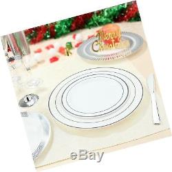 60PCS Heavyweight White with Silver Rim Wedding Party Plastic Plates, China Pl