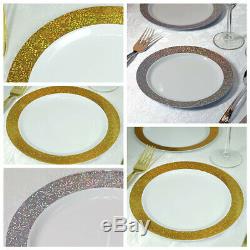 7.5 White Round Plastic Disposable Dessert Plates with Shiny Dust Rim SALE