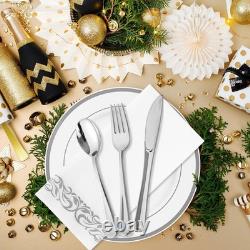 700 Count Silver Dinnerware Set-200 White and Plastic Plates-Set of 300 Plast