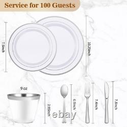 700 PCS Disposable Silver Plates and Silverware Set for 100 Guests