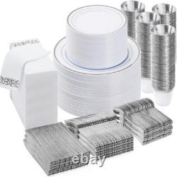 700 PCS Silver Dinnerware Set for 100 Guests, Plastic Dinnerware Set for Part