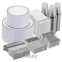 700 Piece Dinnerware Set for Disposable Plastic Plates for Silver 100 Guests