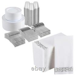 700-Piece Disposable Dinnerware Set for 100 Guests Silver Rim Plastic Plate