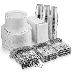 700 Piece Plastic Silver Dinnerware Set 200 Rim Plates 300 Silverware