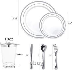700 Piece Plastic Silver Dinnerware Set 200 Rim Plates 300 Silverware