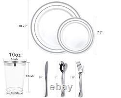 700 Piece Plastic Silver Dinnerware Set 200 Rim Plates 300 Silverware