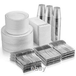 700 Piece Plastic Silver Dinnerware Set 200 Rim Plates 300 Silverware 1