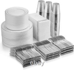 700 Piece Plastic Silver Dinnerware Set 200 Rim Plates 300 Silverware 100