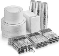700 Piece Plastic Silver Dinnerware Set 200 Rim Plates 300 Silverware 100 Cups