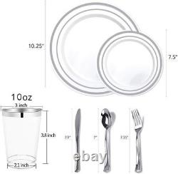 700 Piece Plastic Silver Dinnerware Set 200 Rim Plates 300 Silverware 100 Cups