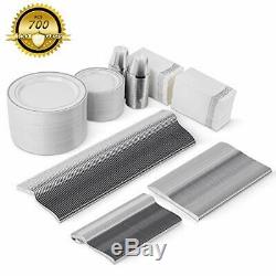 700 Piece Silver Dinnerware Set -100 Plastic Dinner Plates 100 (700Silver Rim)