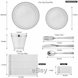 700 Piece Silver Dinnerware Set -100 Plastic Dinner Plates 100 (700Silver Rim)