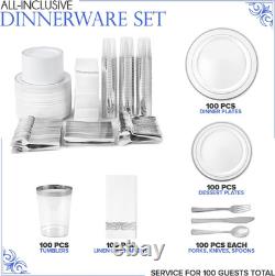 700 Piece Silver Dinnerware Set 200 Silver-Rim Plastic Plates, 100 Silver Silve