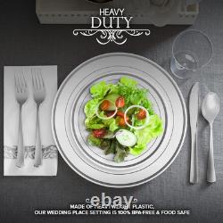 700 Piece Silver Dinnerware Set 200 Silver-Rim Plastic Plates, 100 Silver Silve