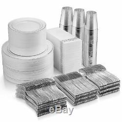 700 Piece Silver Dinnerware Set 200 Silver Rim Plastic Plates 100 Silverware