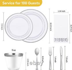 700 Piece Silver Dinnerware Set for 100 Guests, Disposable Plastic Plates for Pa