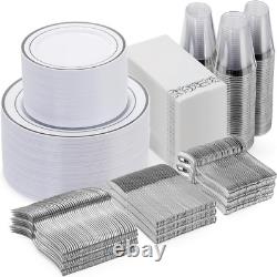 700 Piece Silver Dinnerware Set for 100 Guests, Disposable Plastic Plates for Pa