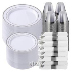 700 Piece Silver Plastic Dinnerware Set for 100 Guests, Disposable Plates for
