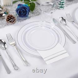 700PCS Silver Plastic Plates Silver Plate Set 100Guest Disposable Dinnerw