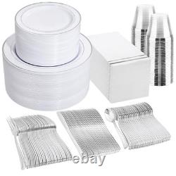 700PCS Silver Plastic Plates Silver Plate Set 100Guest Silver Rim