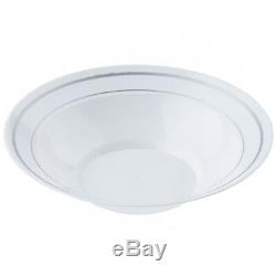 8 oz Plastic WHITE with Silver Rim 6.25 BOWLS Party Wedding Catering Buffet