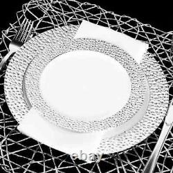 9 inch Round White Plastic Disposable Plates with Silver Rim 110pcs