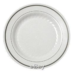 96 count Plastic China 10 Dinner Plate White with SILVER Rim