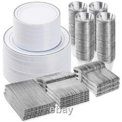 BESTVIP 600PCS Silver Dinnerware Set for 100 Guests, Plastic Plates for Party