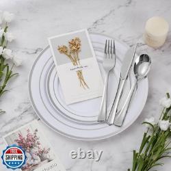 BESTVIP 600PCS Silver Dinnerware Set for 100 Guests, Plastic Plates for Party