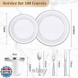 BESTVIP 600PCS Silver Dinnerware Set for 100 Guests, Plastic Plates for Party