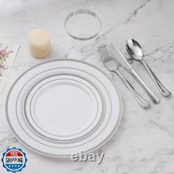 BESTVIP 600PCS Silver Dinnerware Set for 100 Guests, Plastic Plates for Party