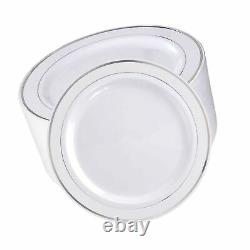 BUCLA 100Pieces Silver Plastic Plates-10.25inch Silver Rim Disposable Dinner