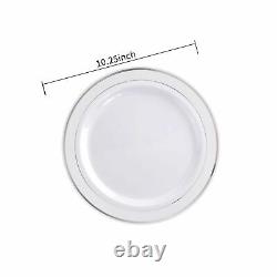 BUCLA 100Pieces Silver Plastic Plates-10.25inch Silver Rim Disposable Dinner